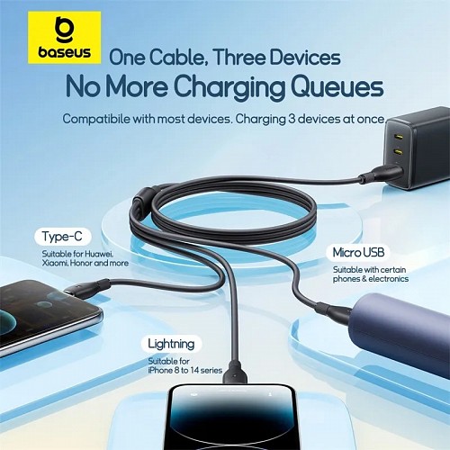 Baseus Cable 3in1 USB-C/Micro/Ligh Ultra Fast Series 1.3m Black - Image 2