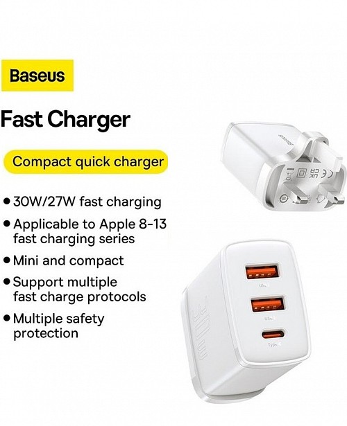 Baseus Charger Wall 30W USB-C/2xUSB-A UK - Image 4