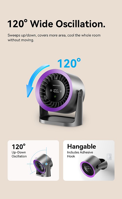 Vention PBIH0 Desktop Air Circulation Fan with Display & Wall Mount - Image 6