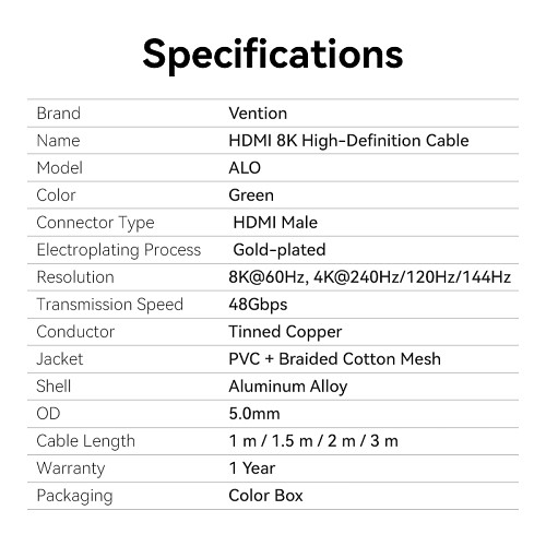Vention HDMI Cable 2.1 8K60Hz Braided Ultra Thin 3.0m ALOGI - Image 4