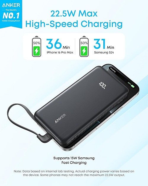 Anker Mobile Powerbank 20000 22.5W Built-In USB-C Cable Black - Image 6